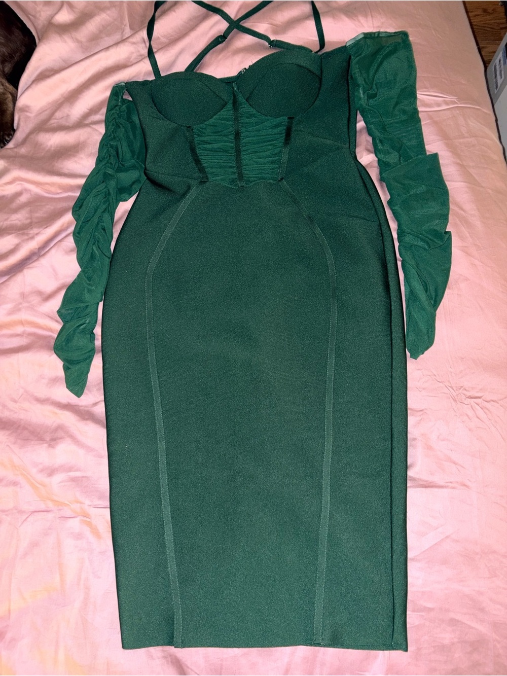 Emerald Green Midi Bodycon Dress with Ruched Sleeves